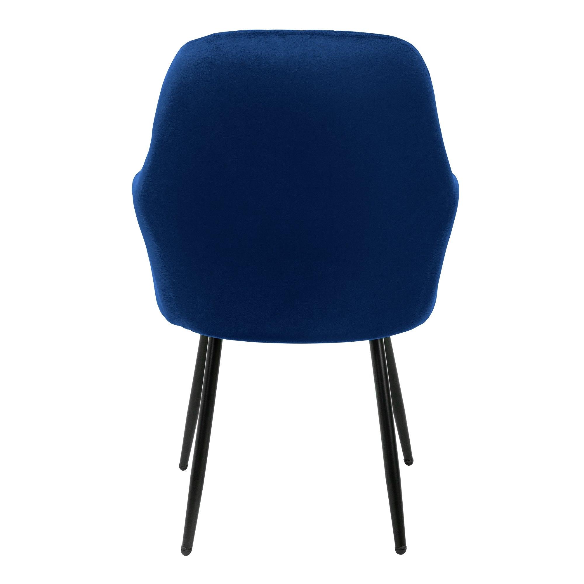 Sedia blu vista da dietro, con gambe nere.