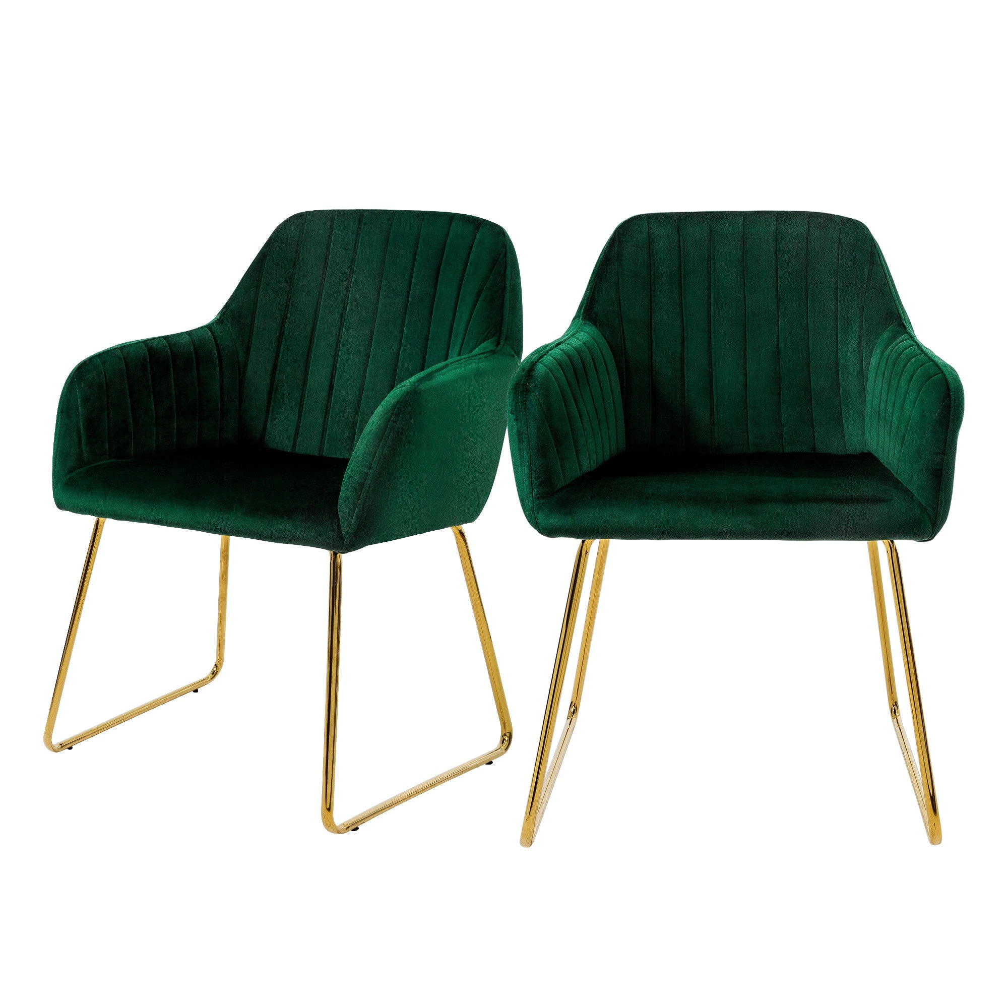 Two green chairs with gold legs, upholstered and with vertical lines.
