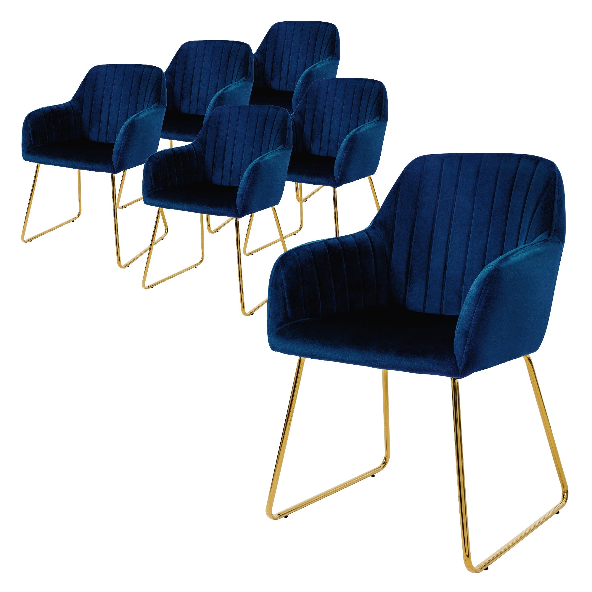 Fünf blaue Stühle mit goldenen Beinen in einer Reihe.