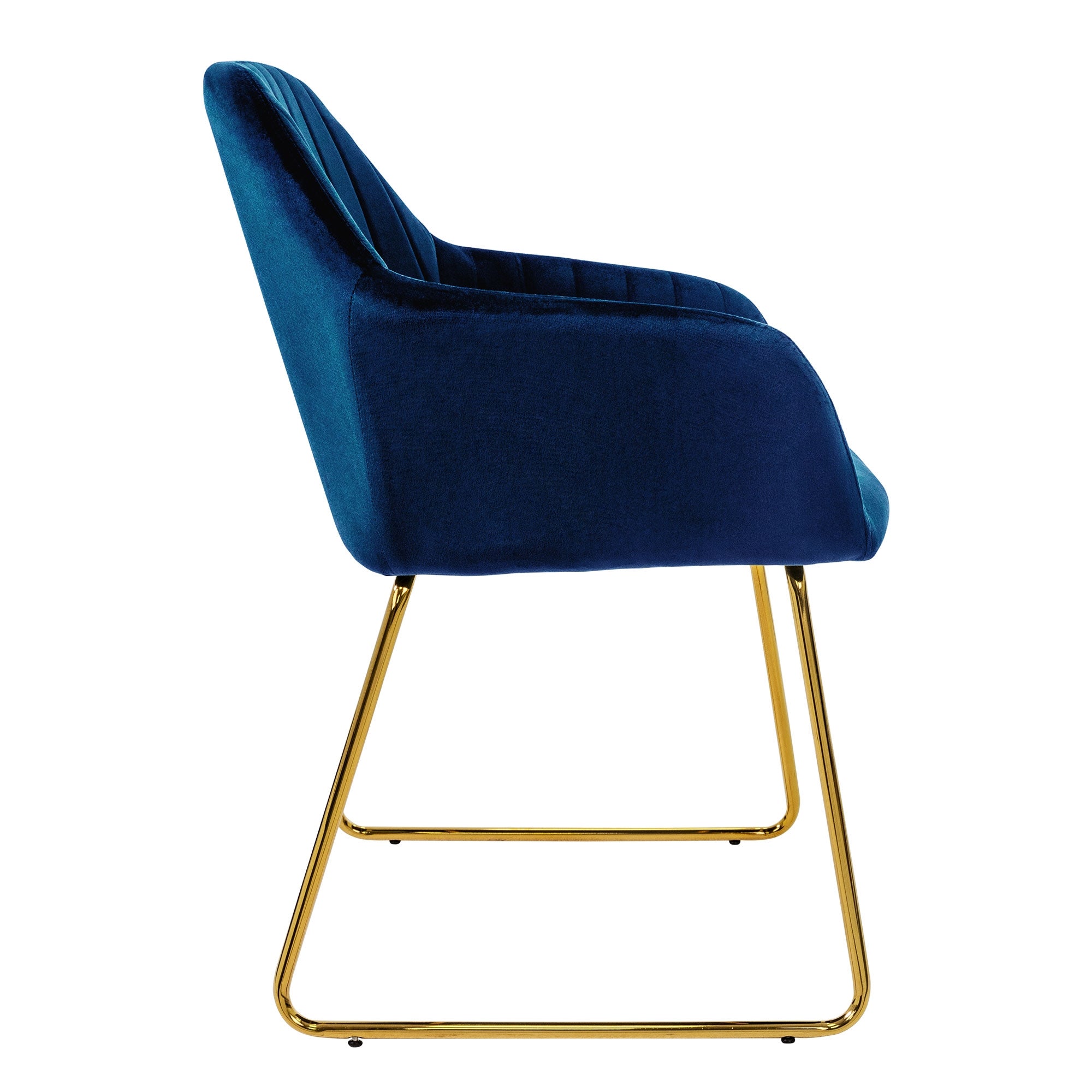 Blauer Stuhl mit goldfarbenem Gestell, seitliche Ansicht.