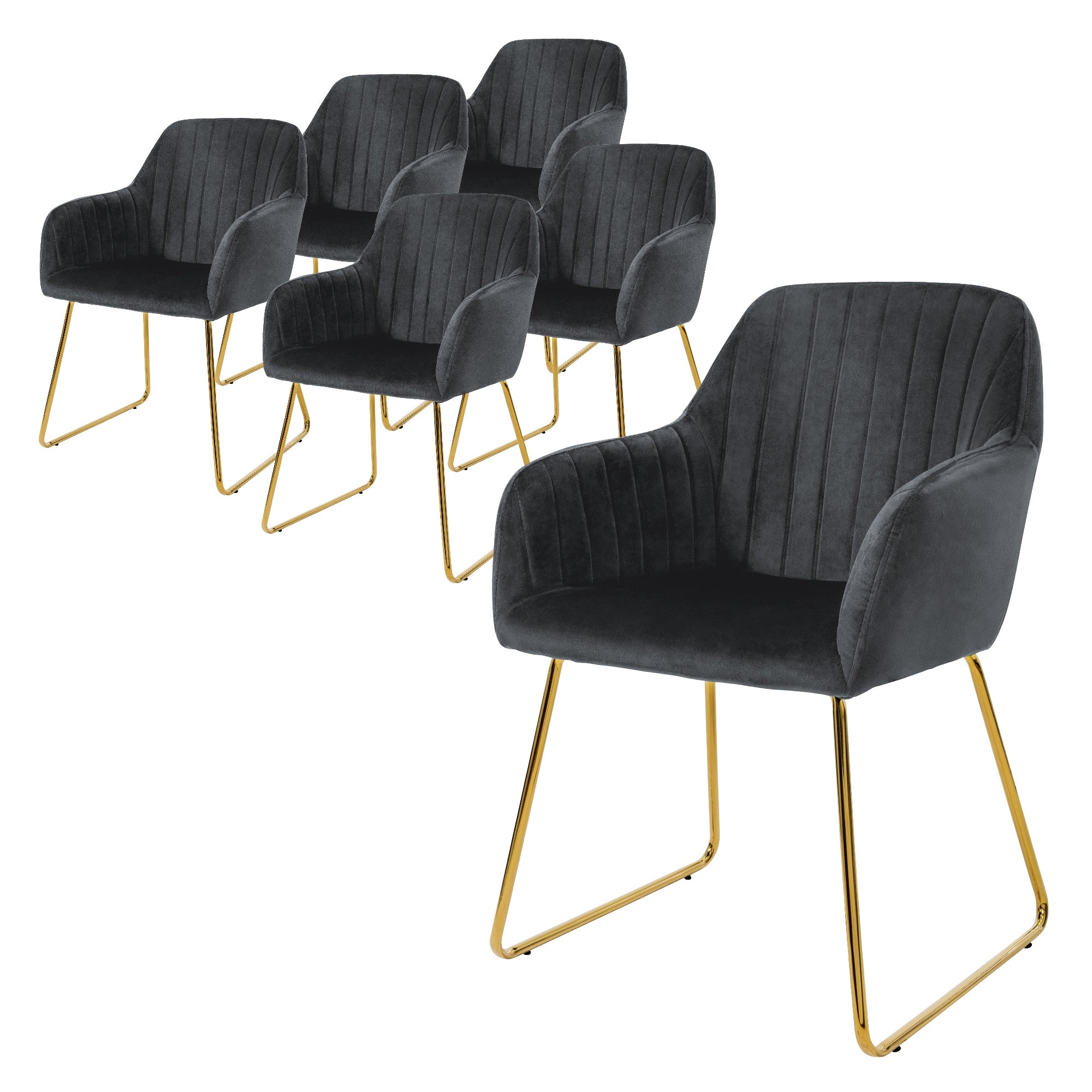 Sechs schwarze Stühle mit goldenen Beinen, auf einem weißen Hintergrund.