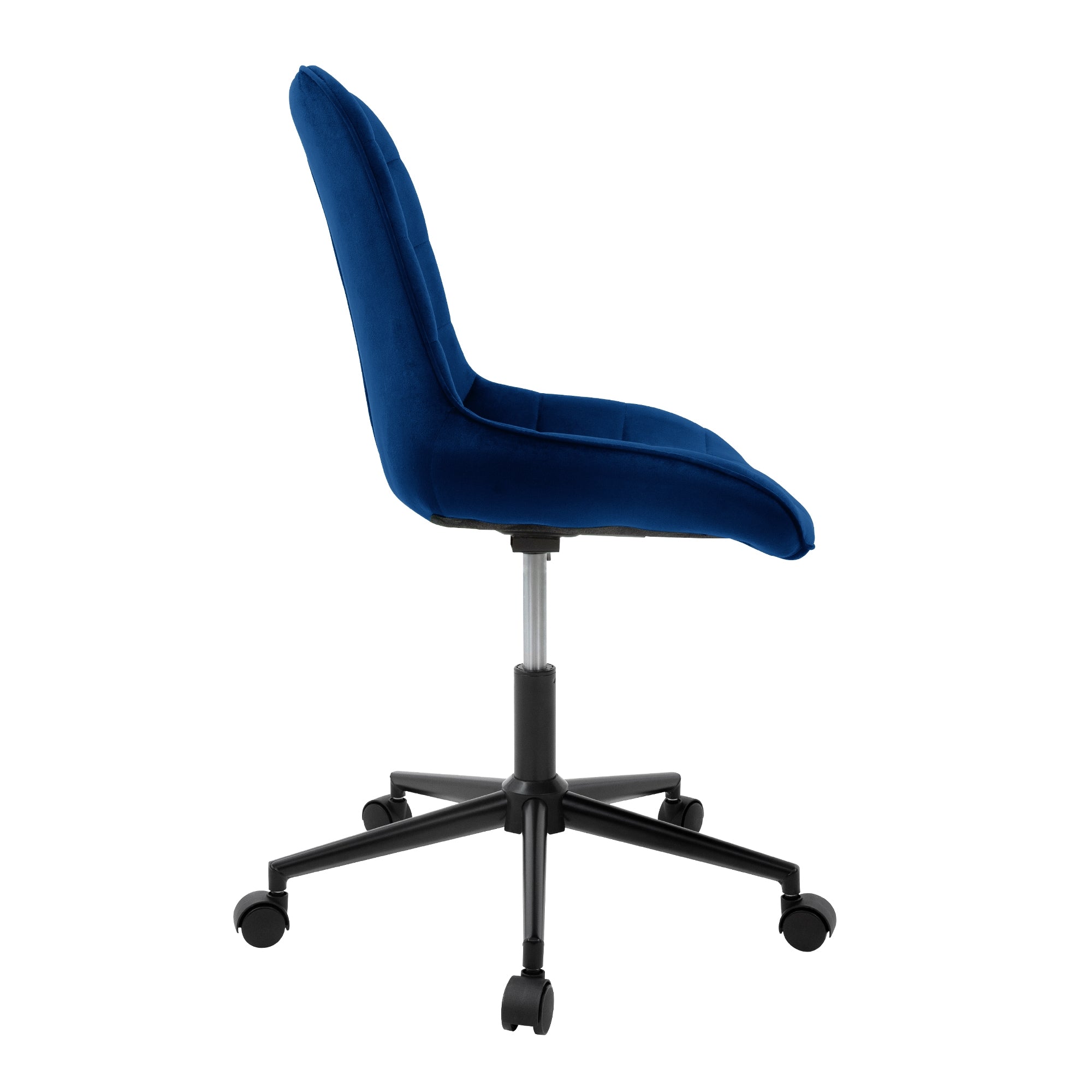 Blauwe bureaustoel van opzij met een verstelbaar onderstel.