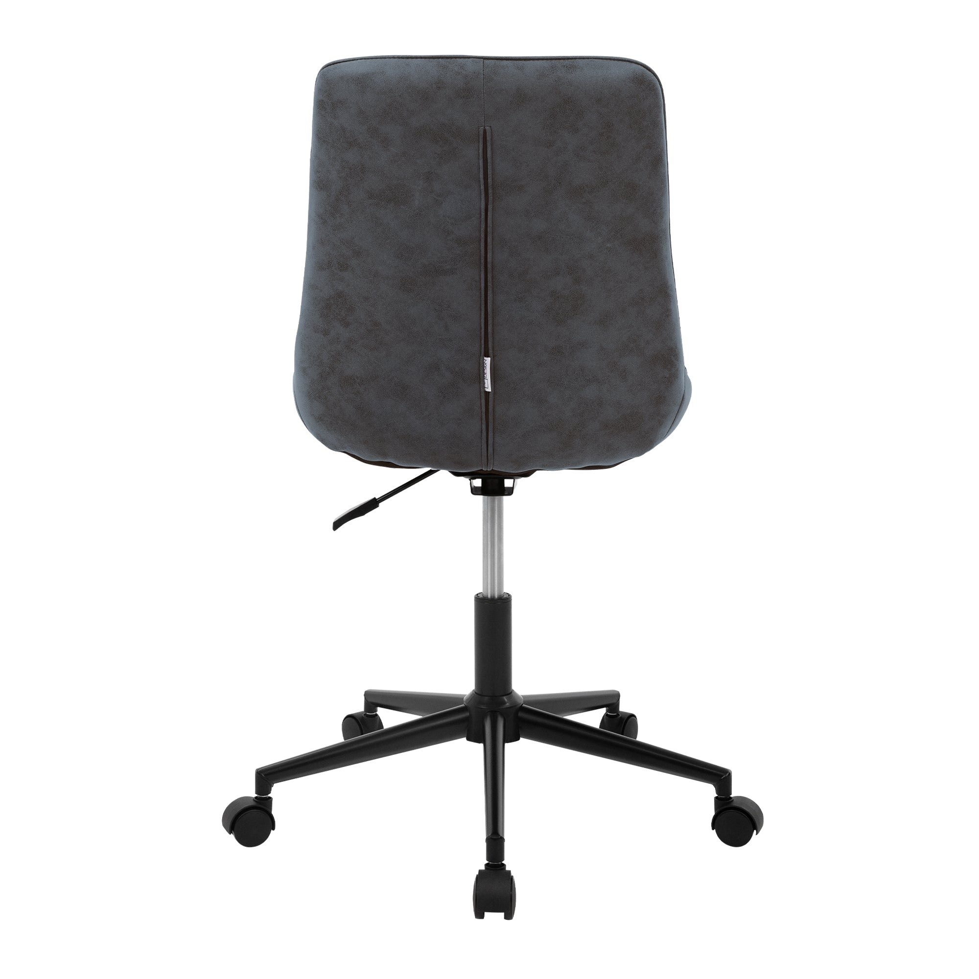 Hátulnézet egy szürke irodai székről, fekete lábkerettel.