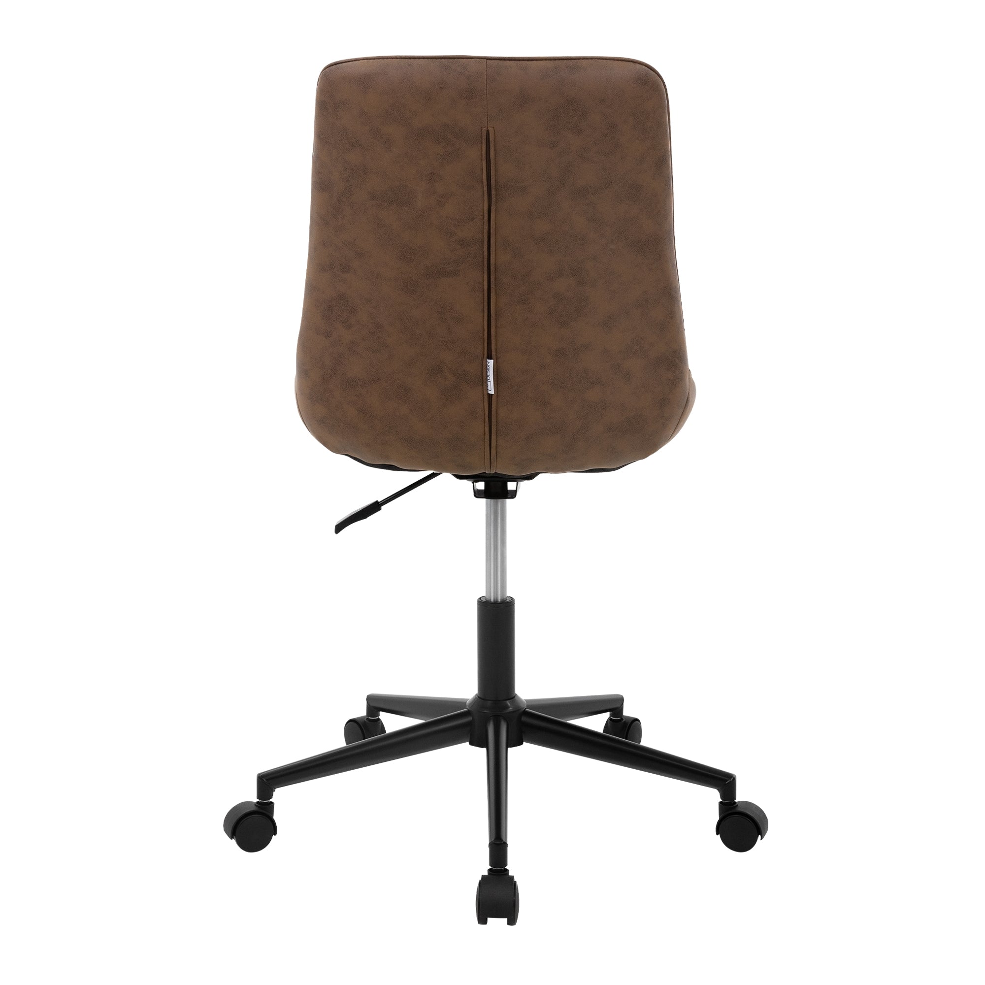 Rückansicht eines braunen Bürostuhls mit Rollen und verstellbarem Sitz.