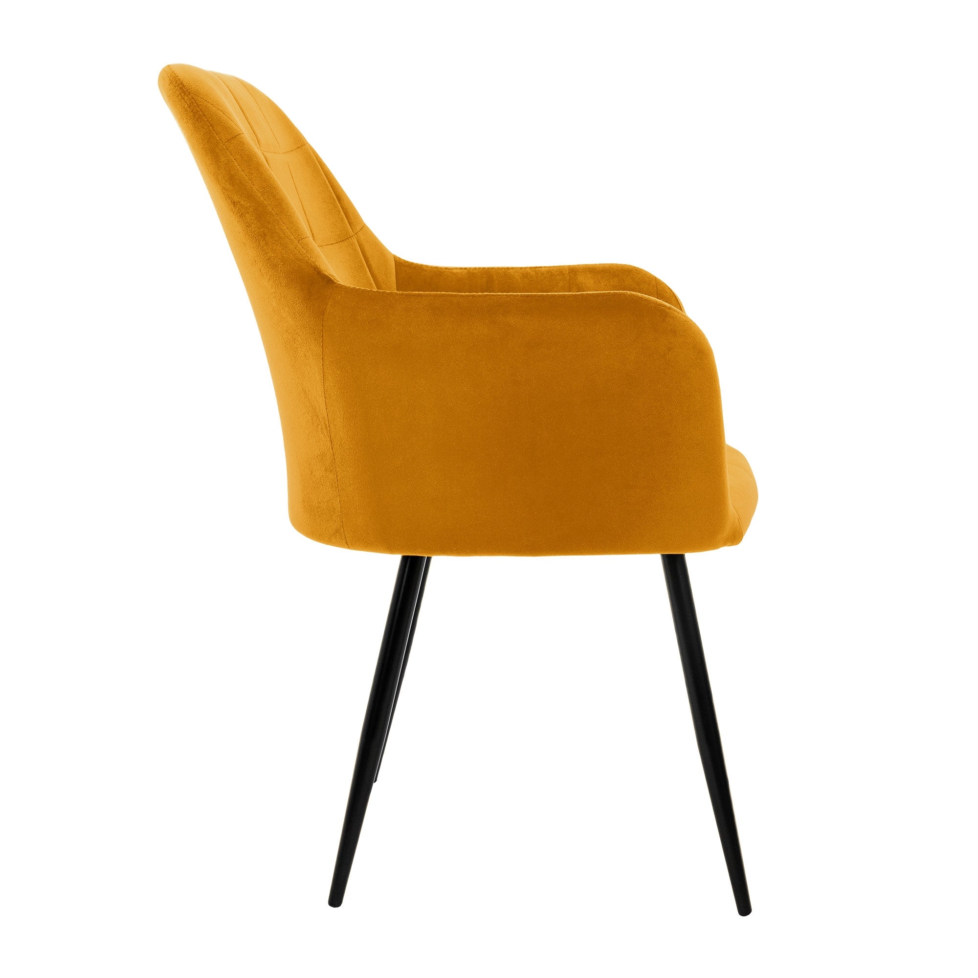 Una silla amarilla con reposabrazos vista de lado.