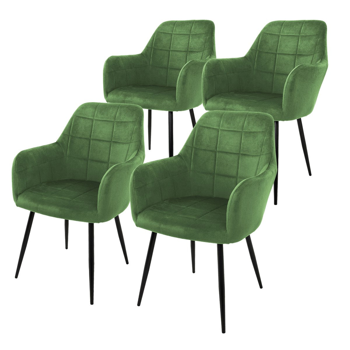 Four green chairs with upholstered seats and backrests on black legs.