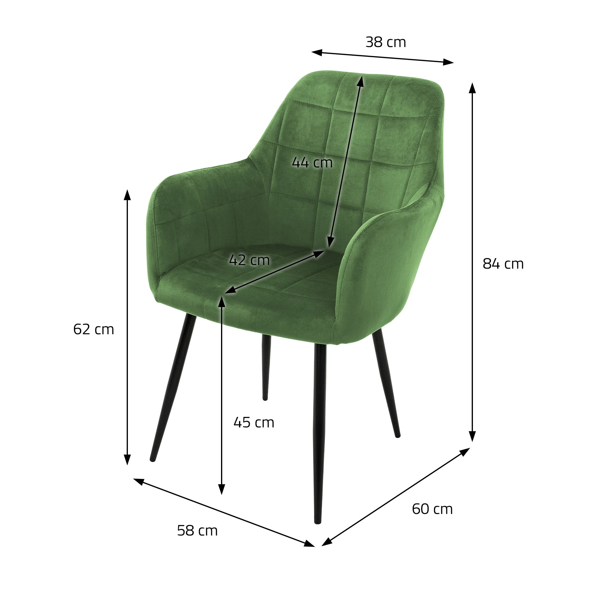 Grüner Stuhl mit Maßen: 38 cm Breite, 84 cm Höhe, 60 cm Tiefe.