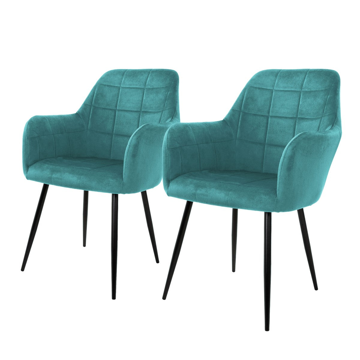 Two turquoise chairs with square quilting and black legs.