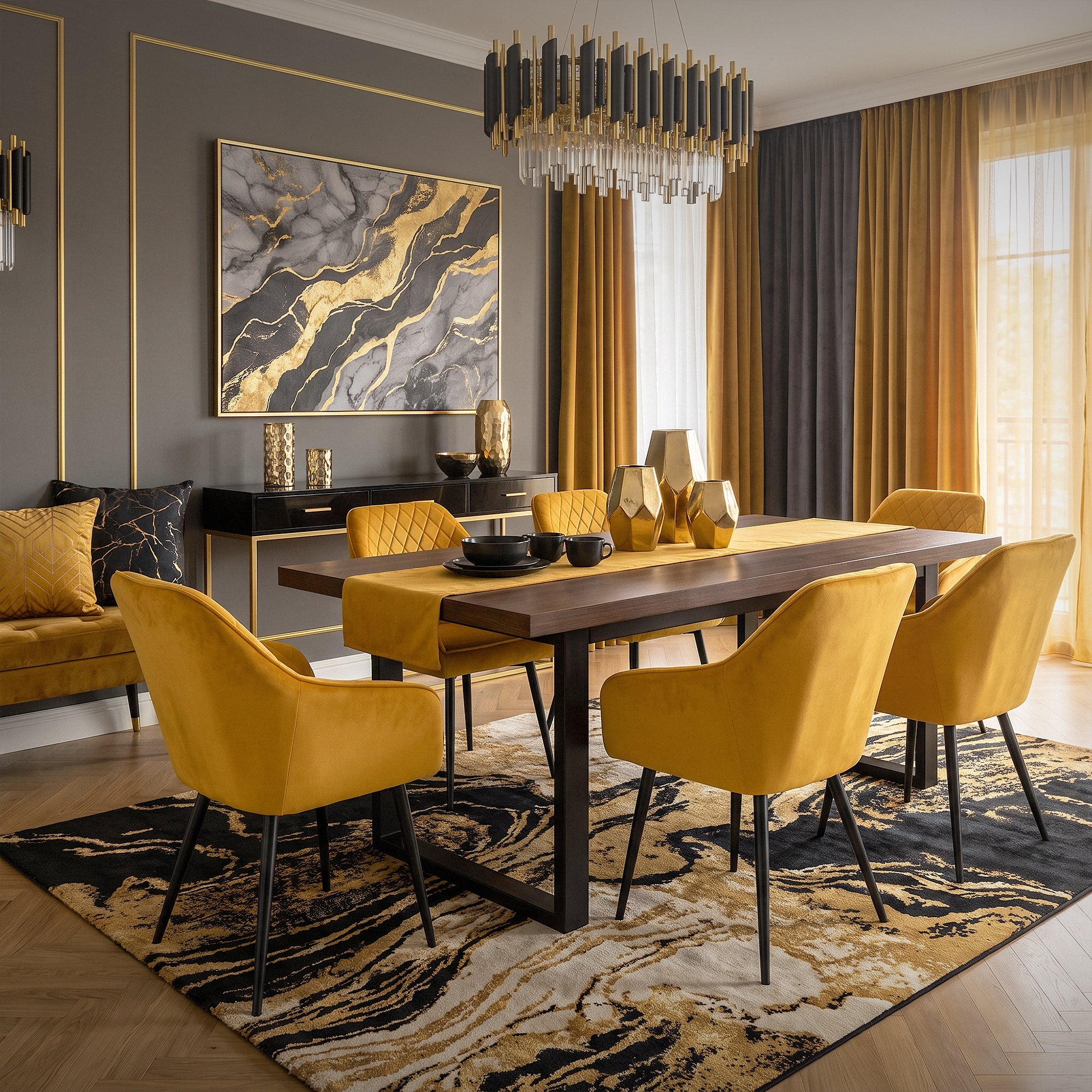 Elegante sala da pranzo con sedie gialle attorno a un tavolo di legno.