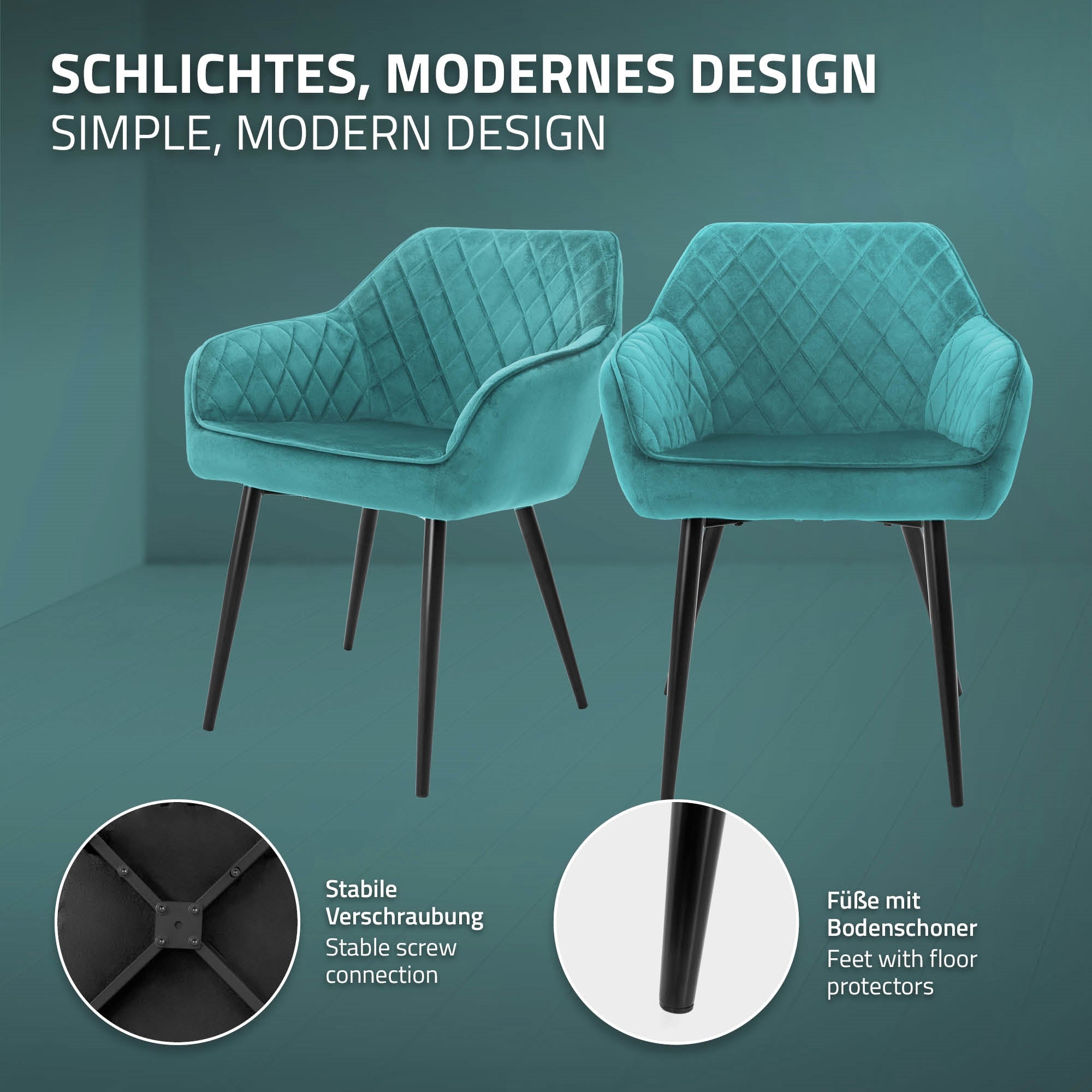 Due sedie color teal con giunzione a vite stabile e protezioni per il pavimento.