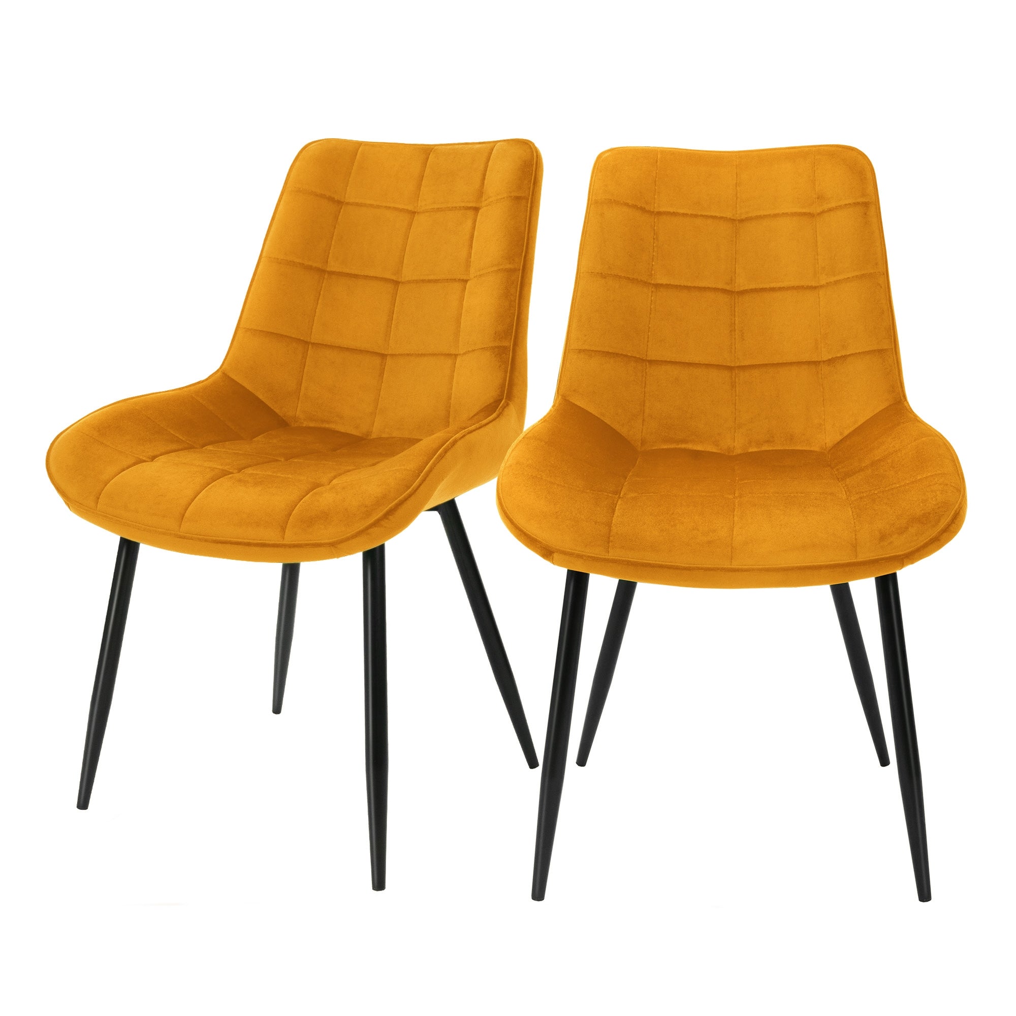 Zwei orangefarbene Stühle mit gepolsterten Sitzen, schwarze Beine.