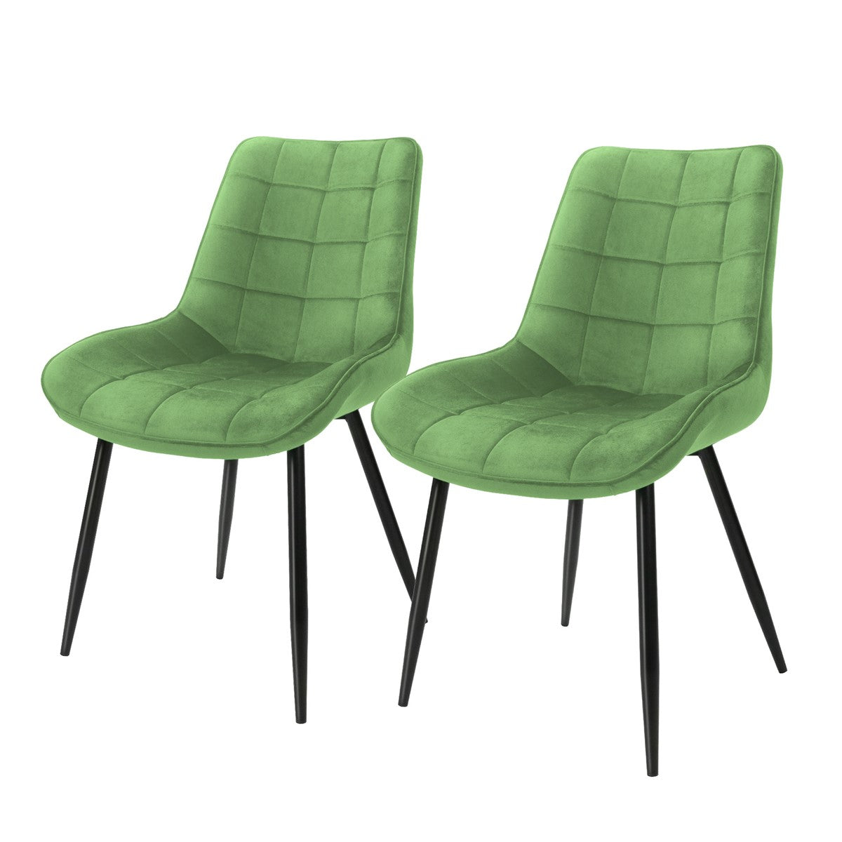 Zwei grüne Stühle mit gepolstertem Sitz und schwarzen Beinen.