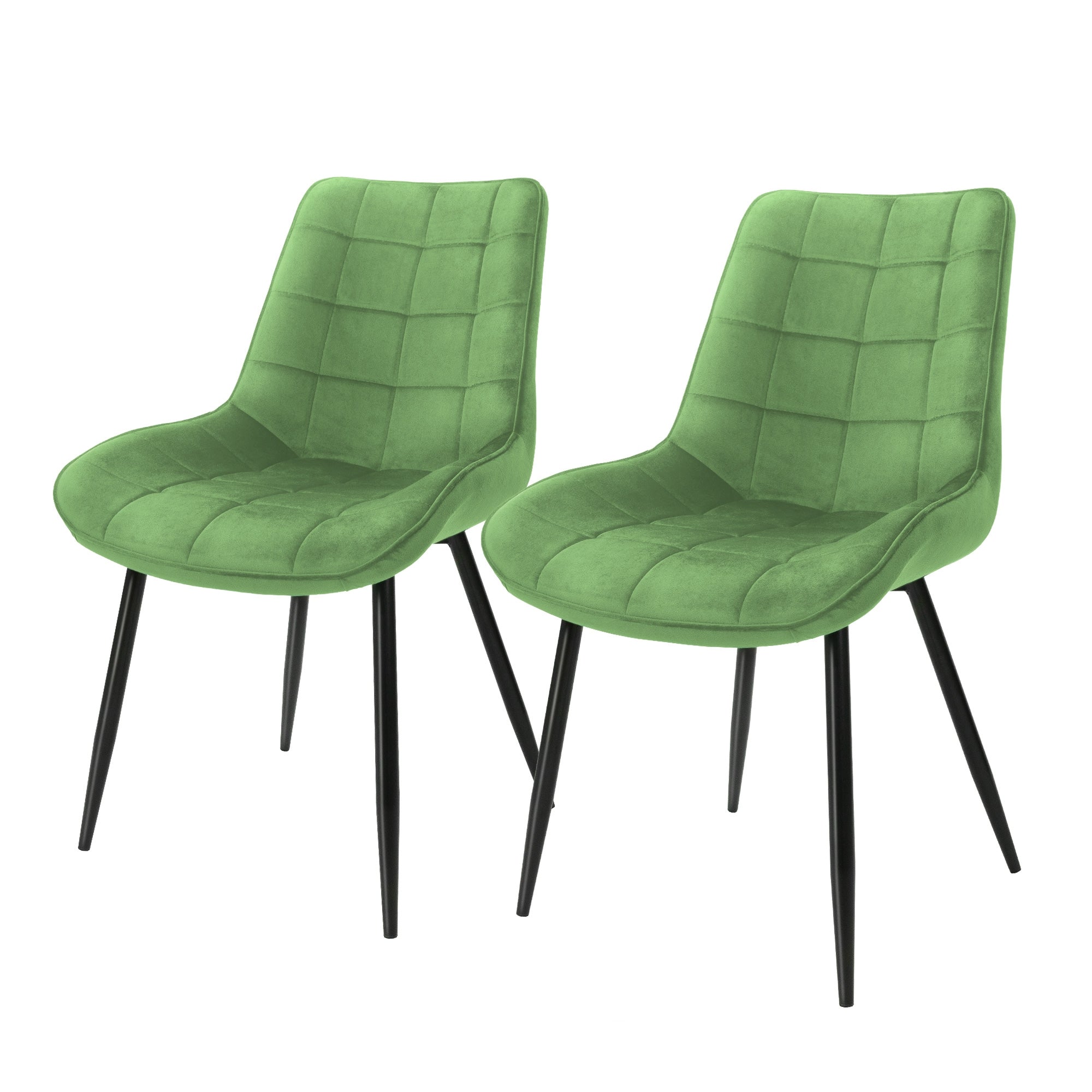 Zwei grüne Stühle mit gepolstertem Sitz und schwarzen Beinen.