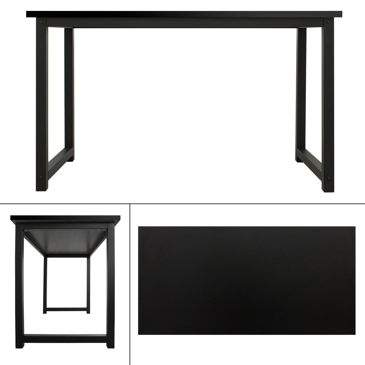 Table noire avec quatre pieds, vue de face et de côté.