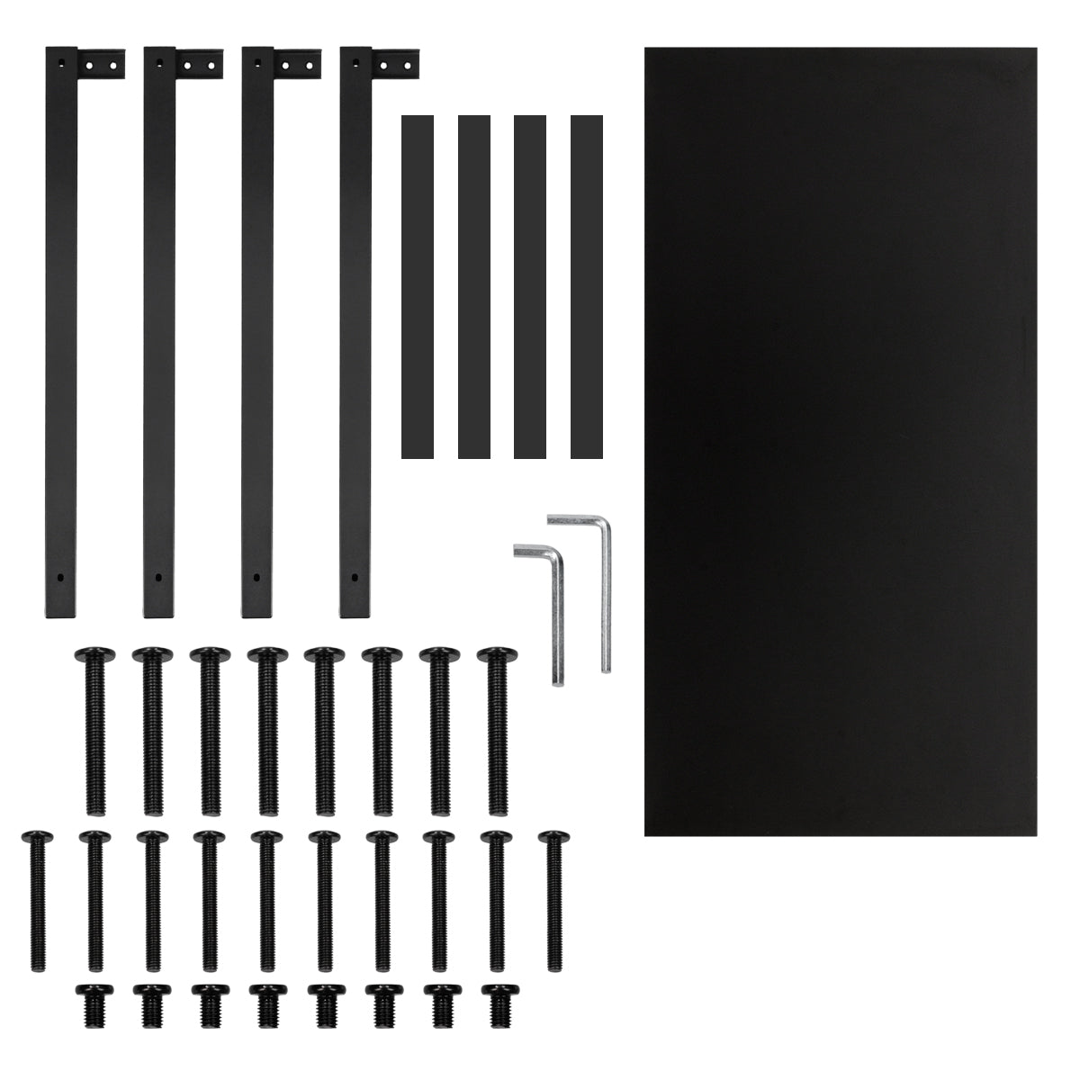 Plaque de chauffage noire avec matériel de montage, vis et supports.