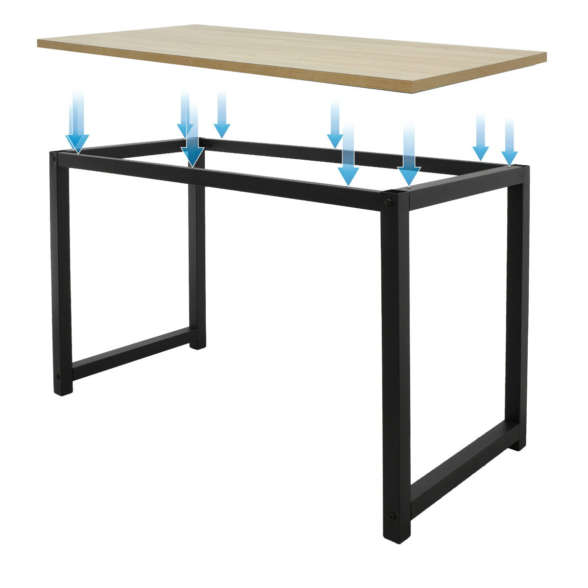 Cadre de table noir avec un plateau en bois en haut, des flèches indiquent les points de connexion.