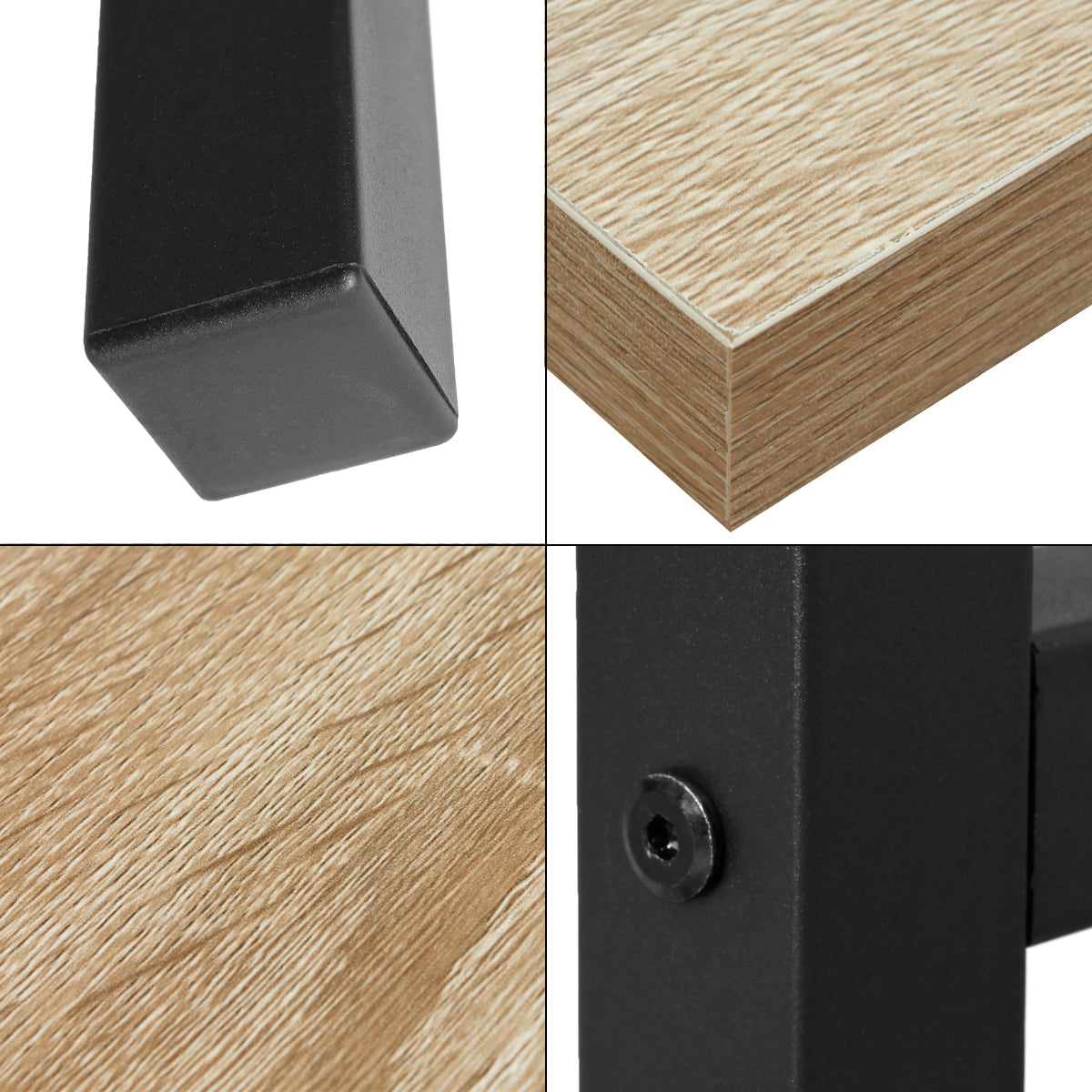 Vue détaillée d'un pied de table noir et d'une surface en bois.