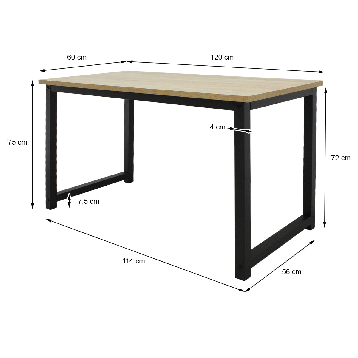Table en bois avec des dimensions : 120 cm x 60 cm x 75 cm, pieds en métal noir.