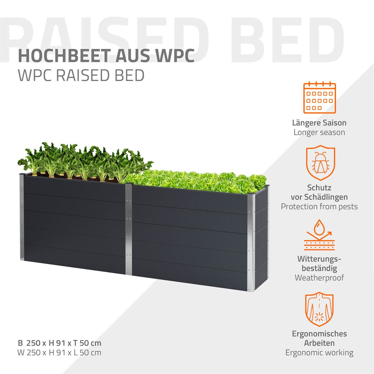 Hochbeet aus WPC mit Pflanzen, wetterbeständig und schädlingsgeschützt.