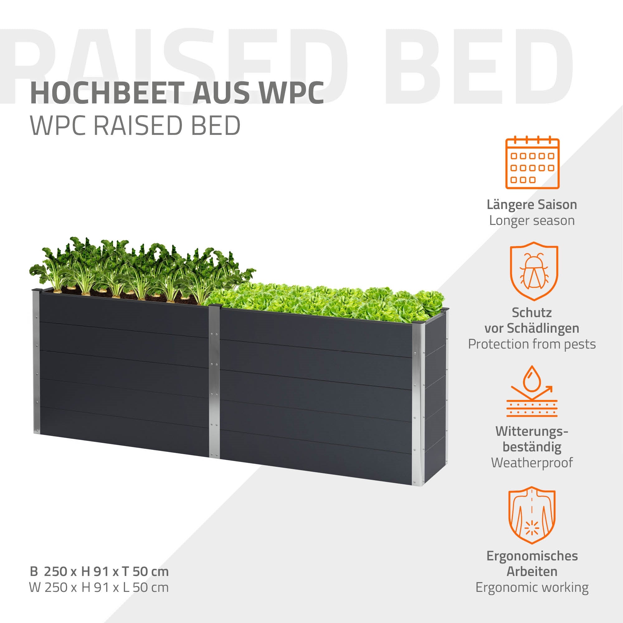 WPC-ből készült magaságyás növényekkel, időjárásálló és kártevővédett.