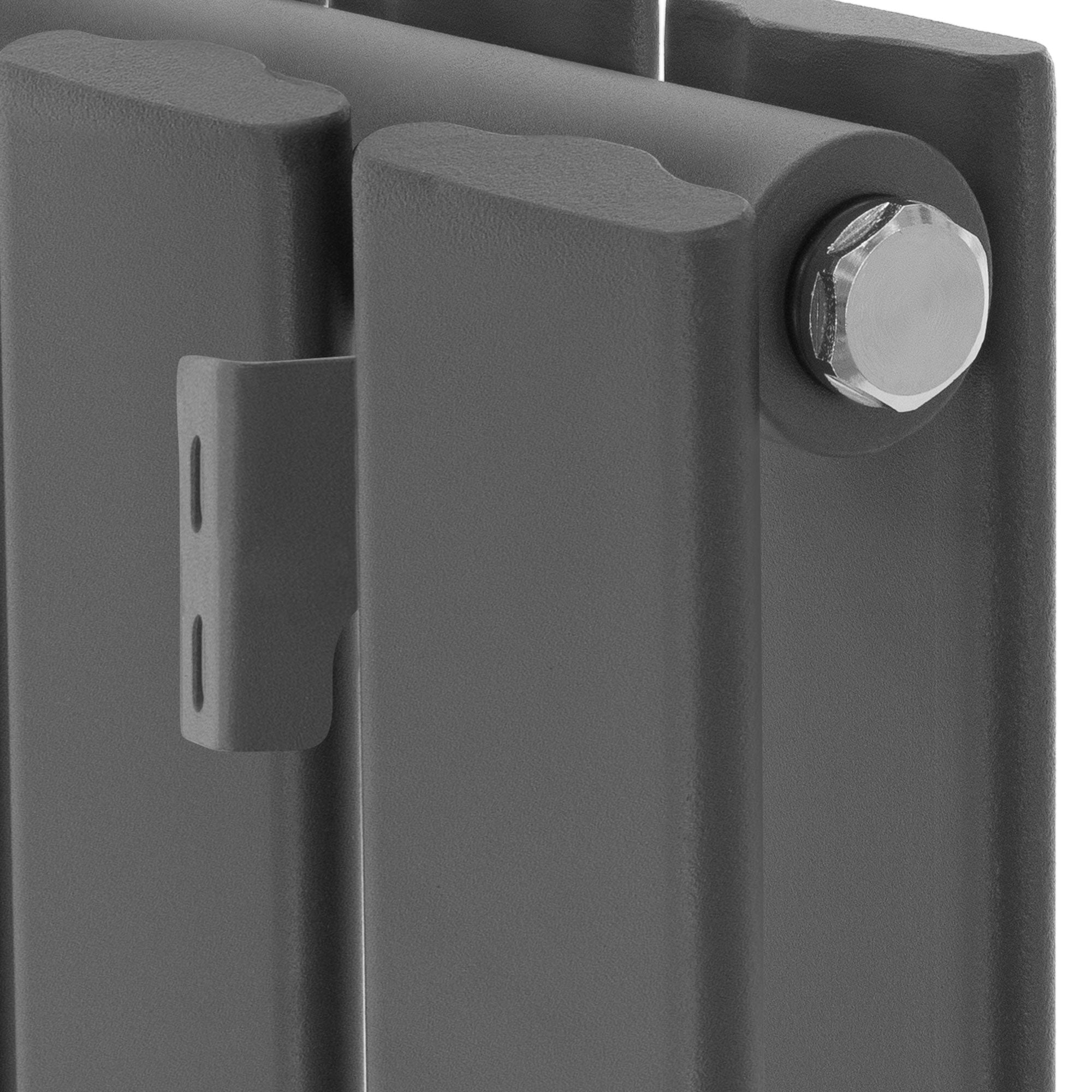 Close-up of an anthracite heating panel with connecting element.