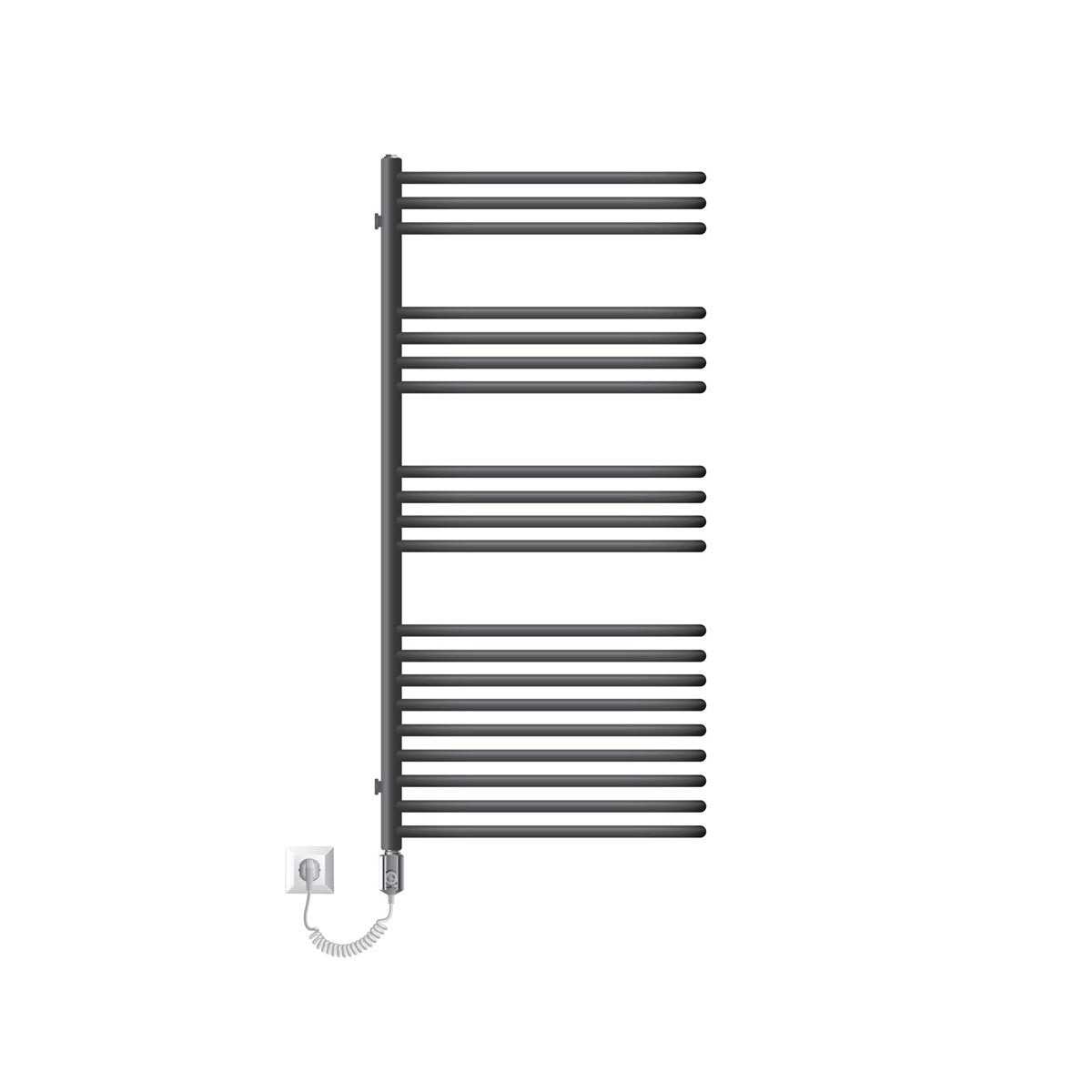 Radiator electric de culoare antracit, cu mai multe tuburi orizontale.