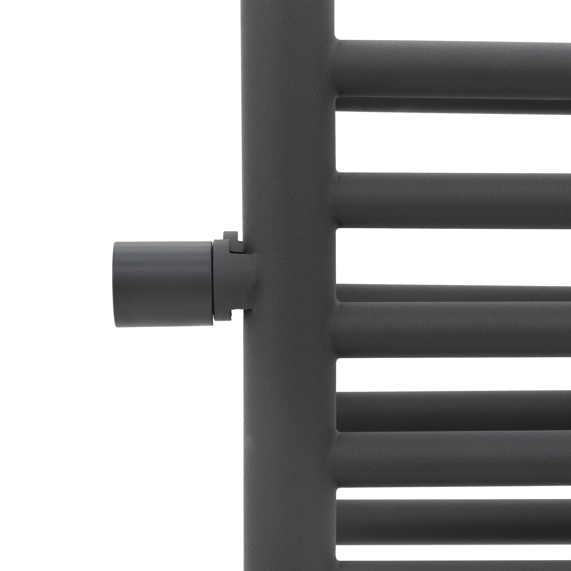 Detail view of an anthracite radiator with a connection.
