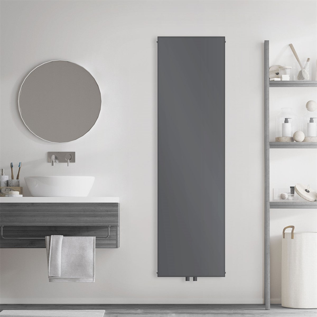 Anthracite-colored radiator on a wall above a washbasin.