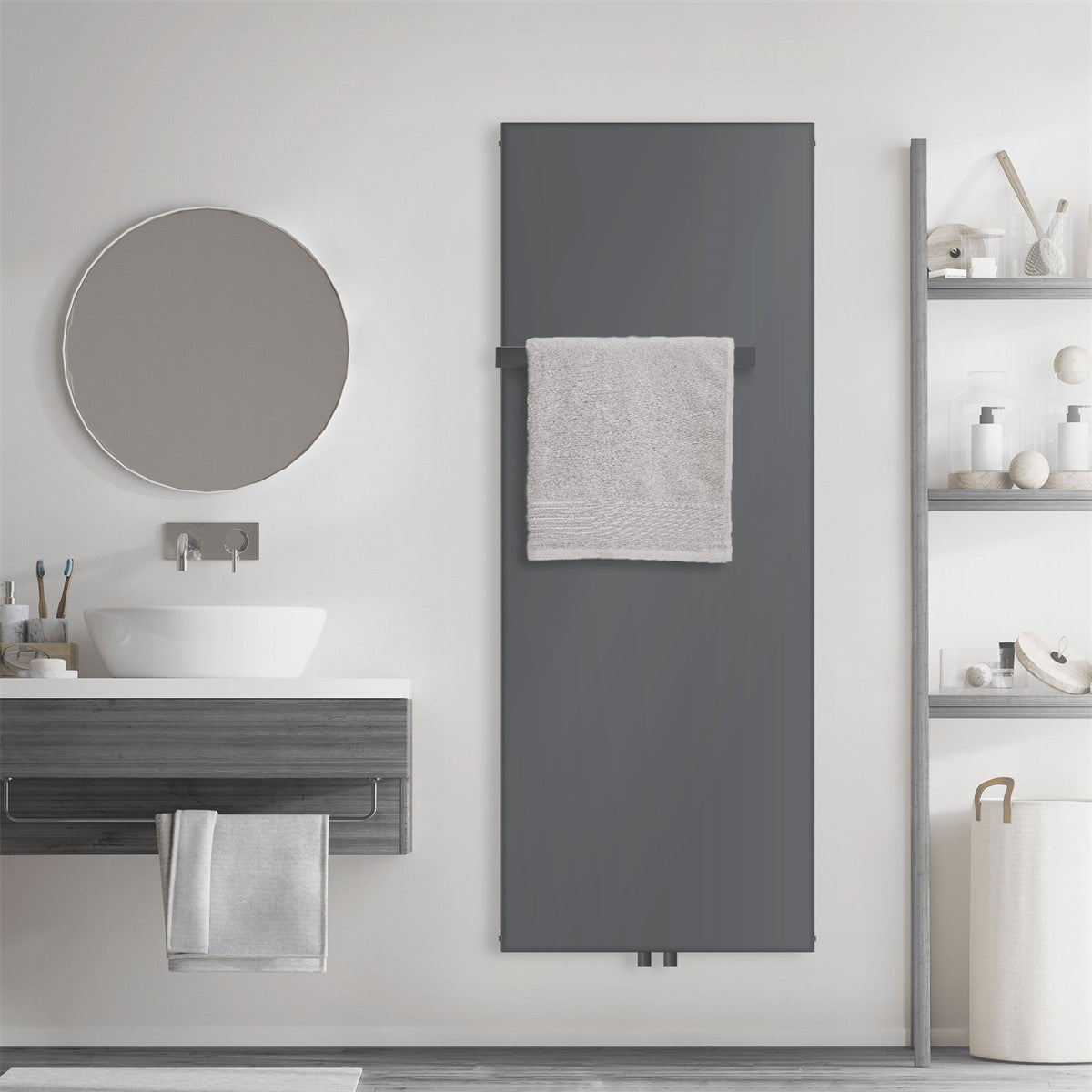 Anthracite towel radiator with a towel in the bathroom.
