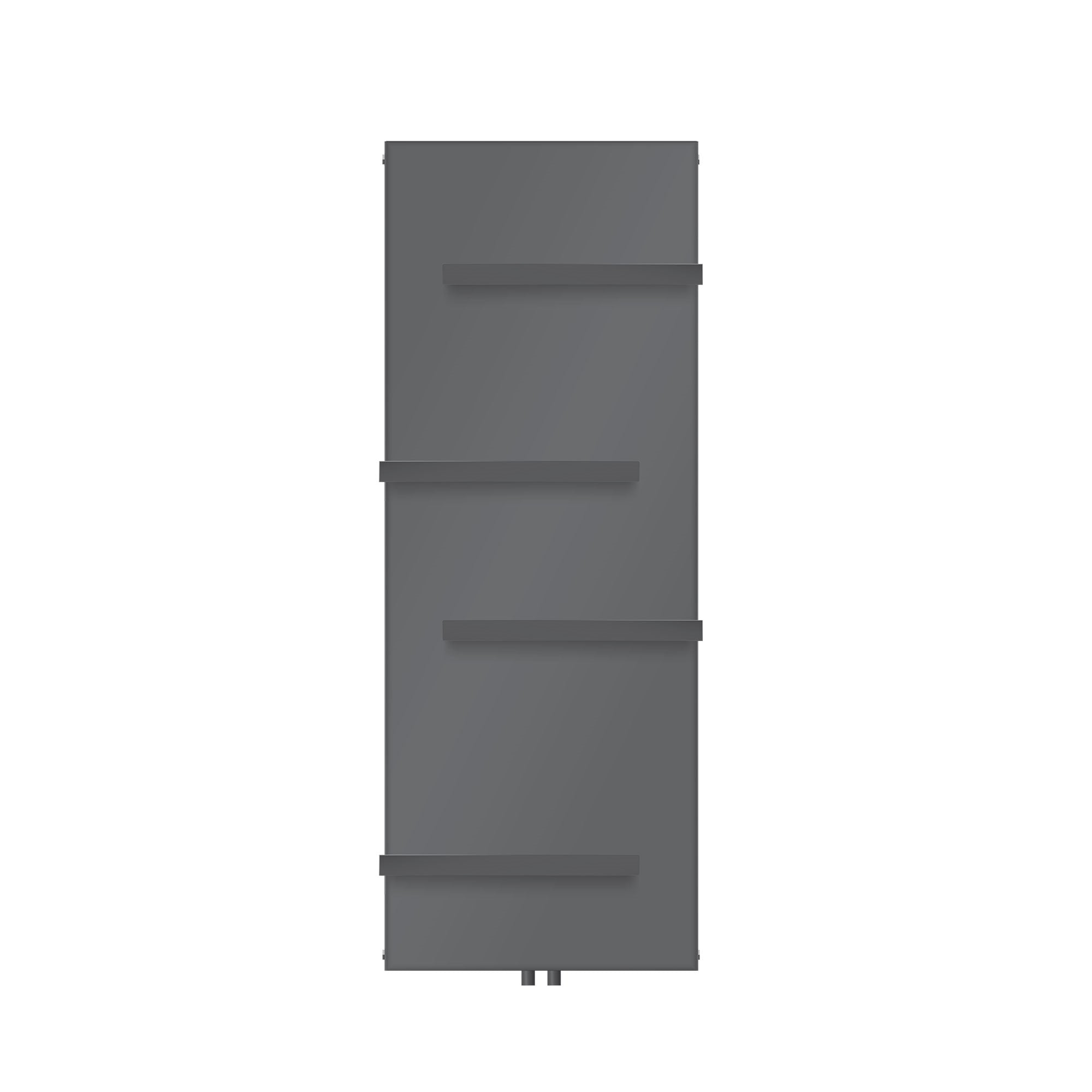 Antracietkleurige radiator met drie horizontale planken.