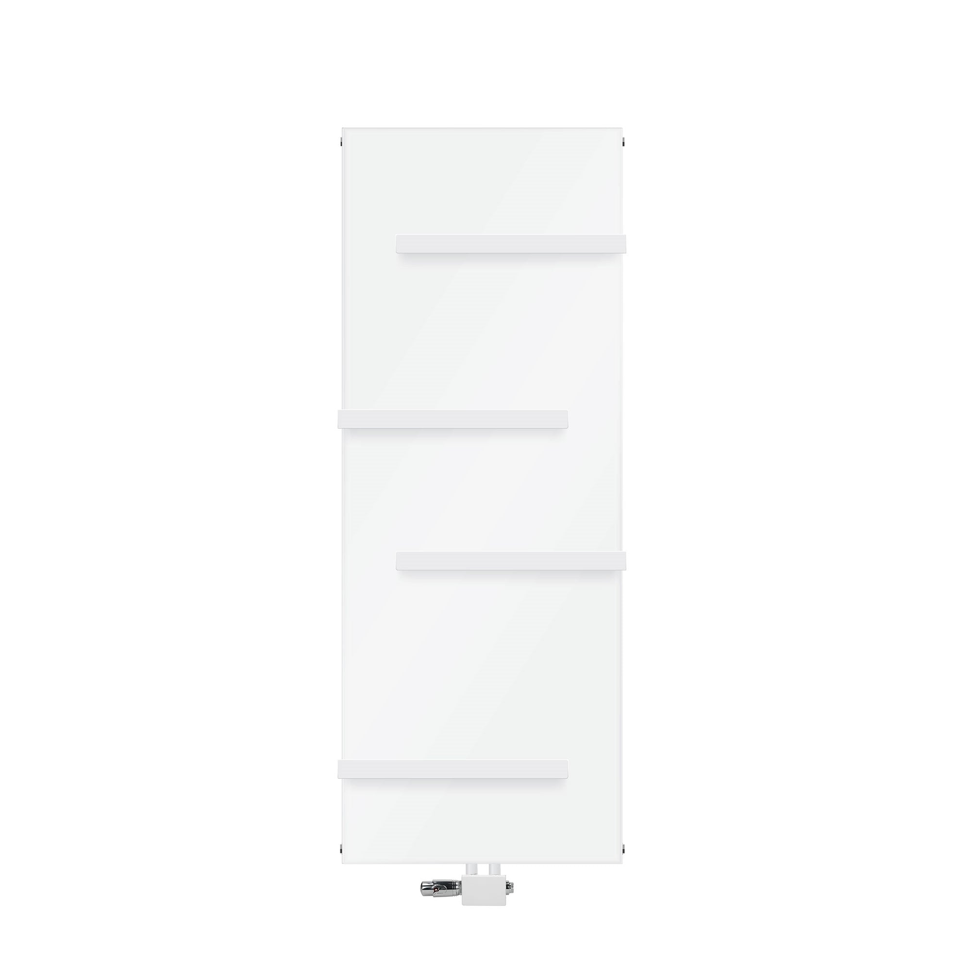 Witte radiator met drie horizontale latten.
