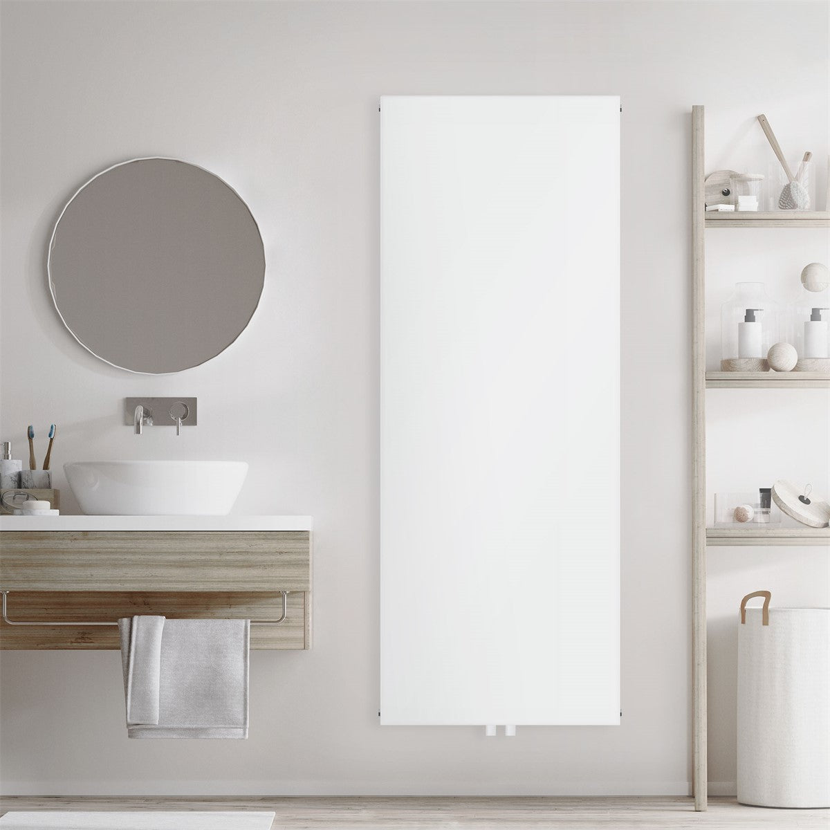 White radiator on the wall in a bathroom without a towel.