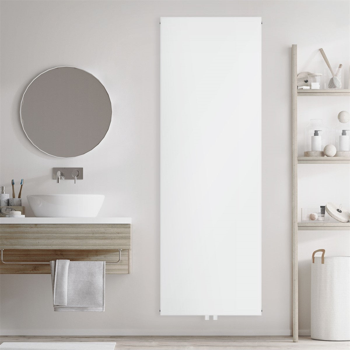 Radiador branco numa parede, sem toalha nem espelho.