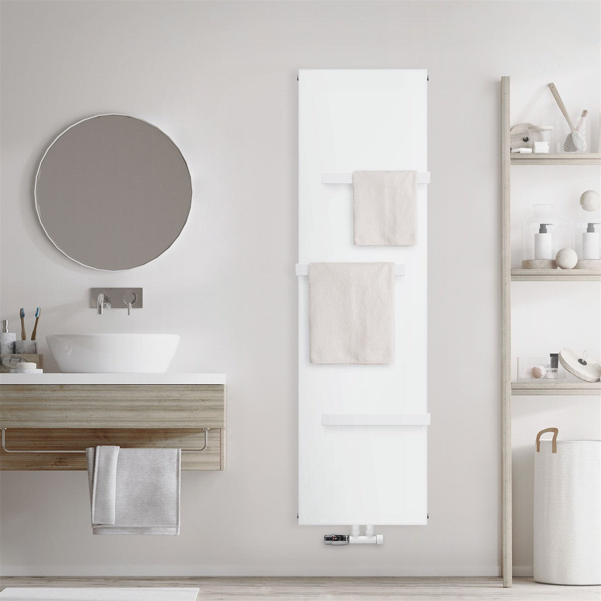White towel radiator on a wall with a towel.