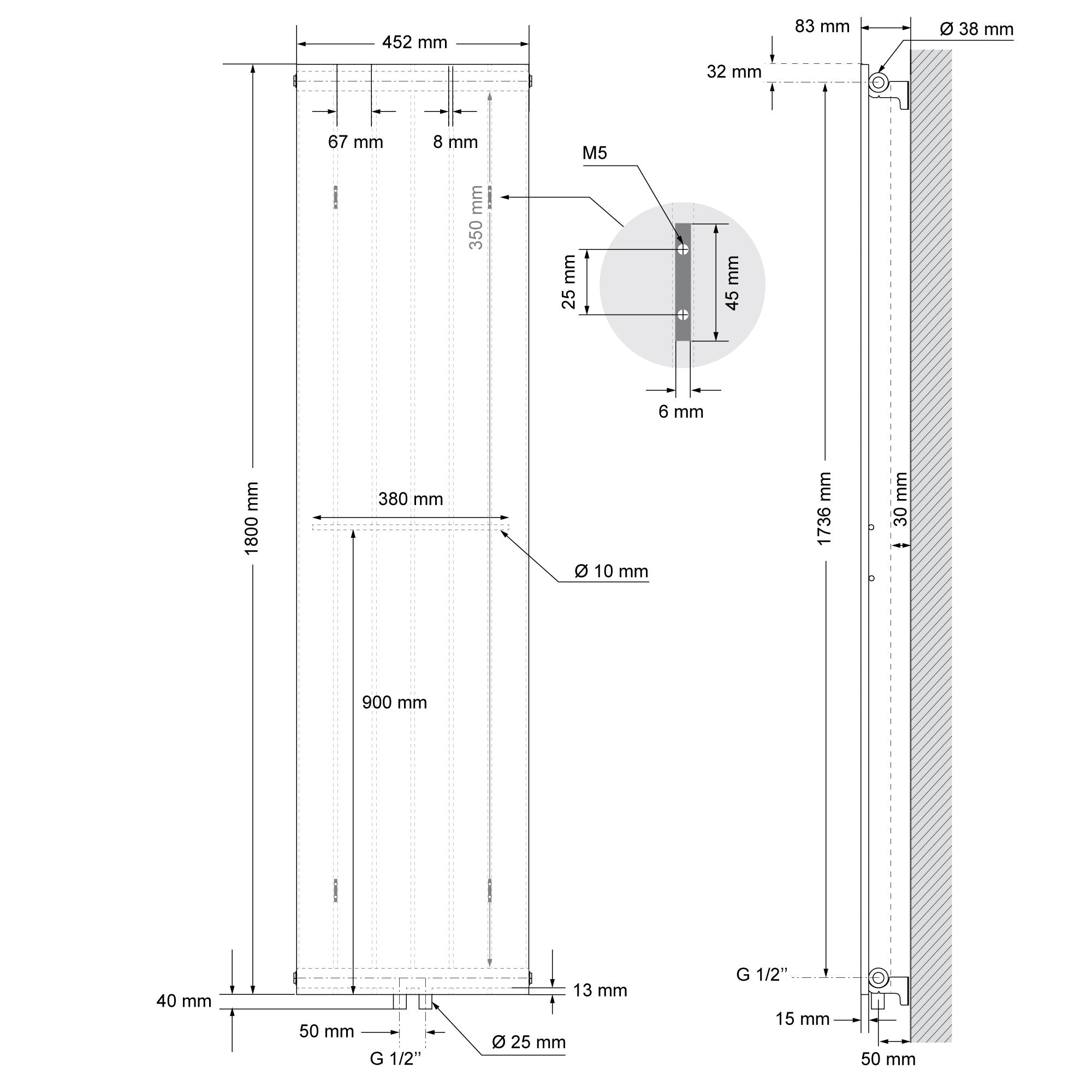Egy fűtőtest műszaki rajza méretekkel és részletekkel.