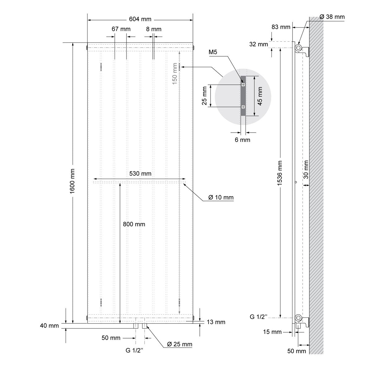 Technische Zeichnung der Heizplatte mit Maßen und Details.