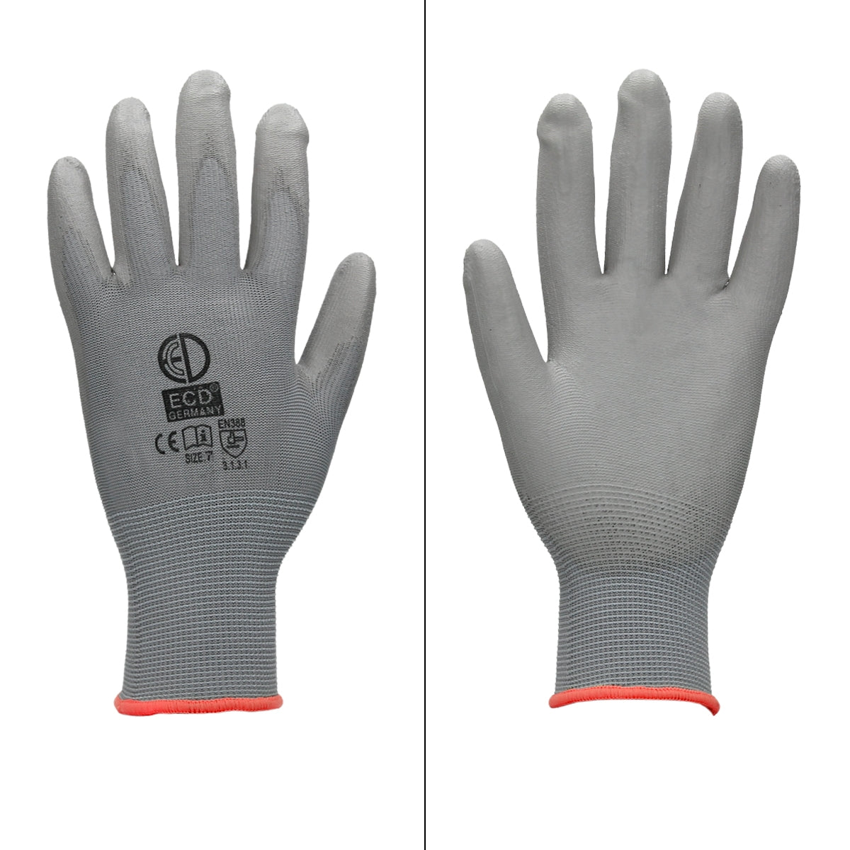 Ein grauer Mechanikerhandschuh mit rotem Rand auf weißem Hintergrund.