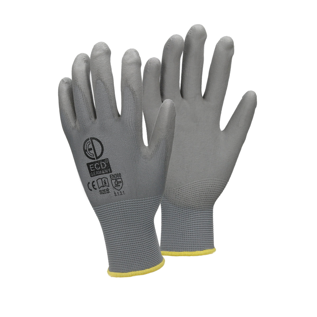 Zwei graue Mechanikerhandschuhe mit gelbem Bund auf weißem Hintergrund.