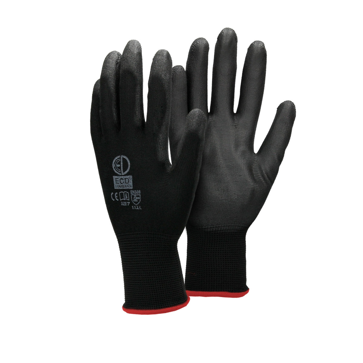 Schwarze Mechanikerhandschuhe in Größe 7-S, mit rotem Bündchen.