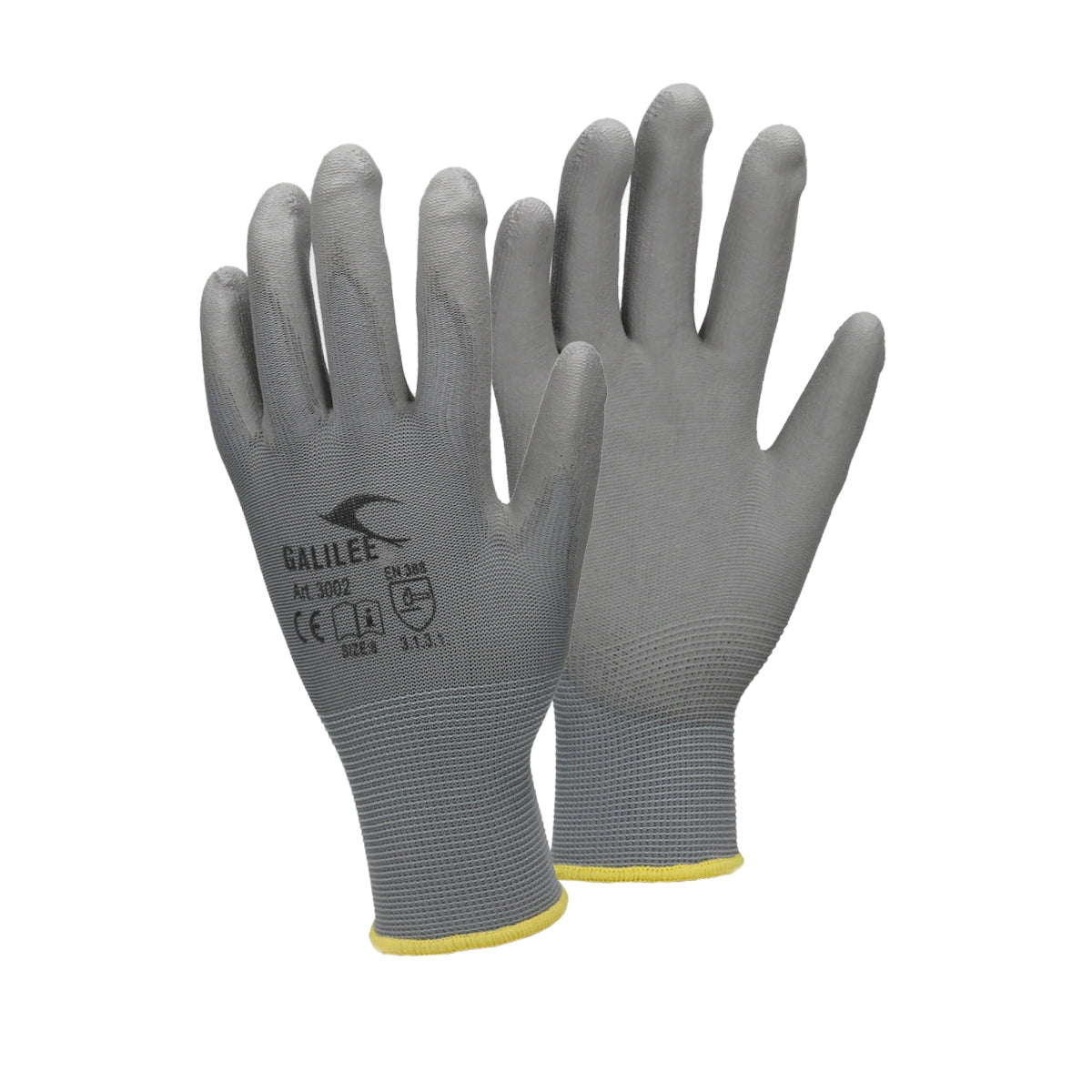 Graue Mechanikerhandschuhe in Größe M, mit gelbem Bündchen.