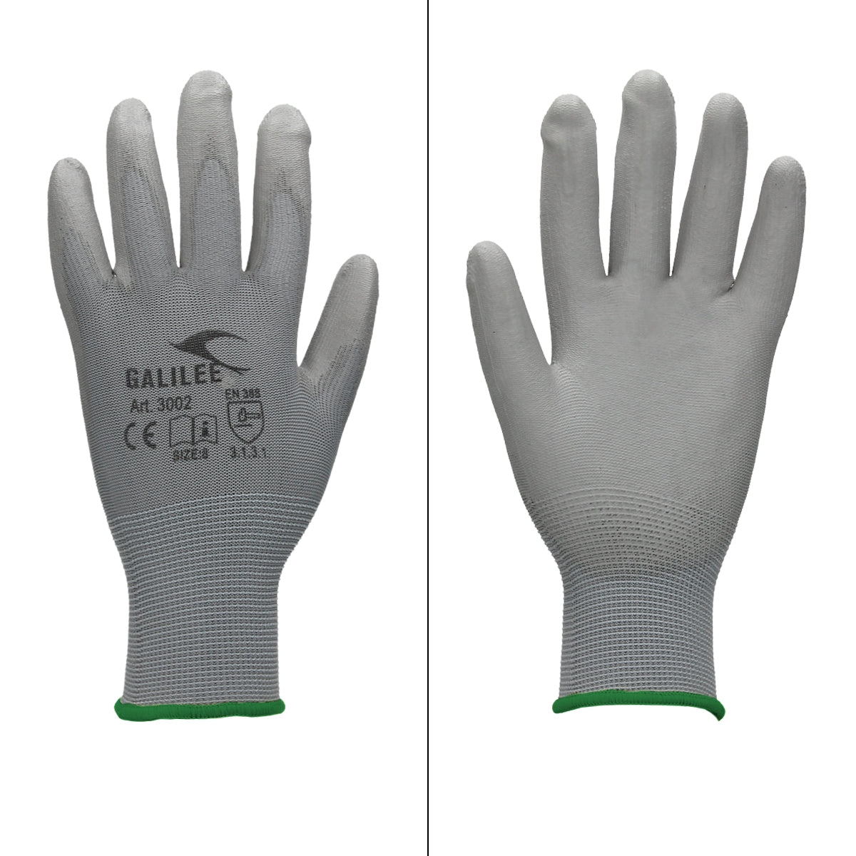 Grauer Mechanikerhandschuh in XXL mit grünem Bündchen.
