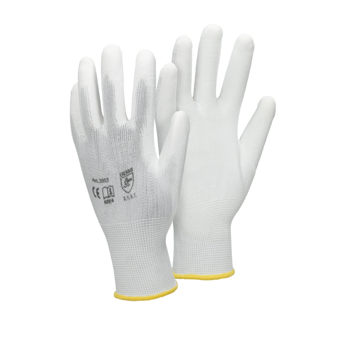 Zwei weiße Mechanikerhandschuhe mit gelbem Bund, Vorder- und Rückansicht.