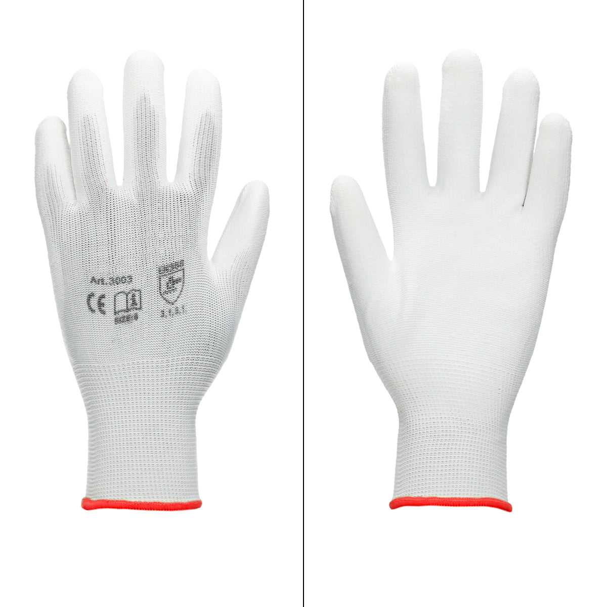 Weißer Mechanikerhandschuh in Größe S, mit rotem Bündchen, von vorne.