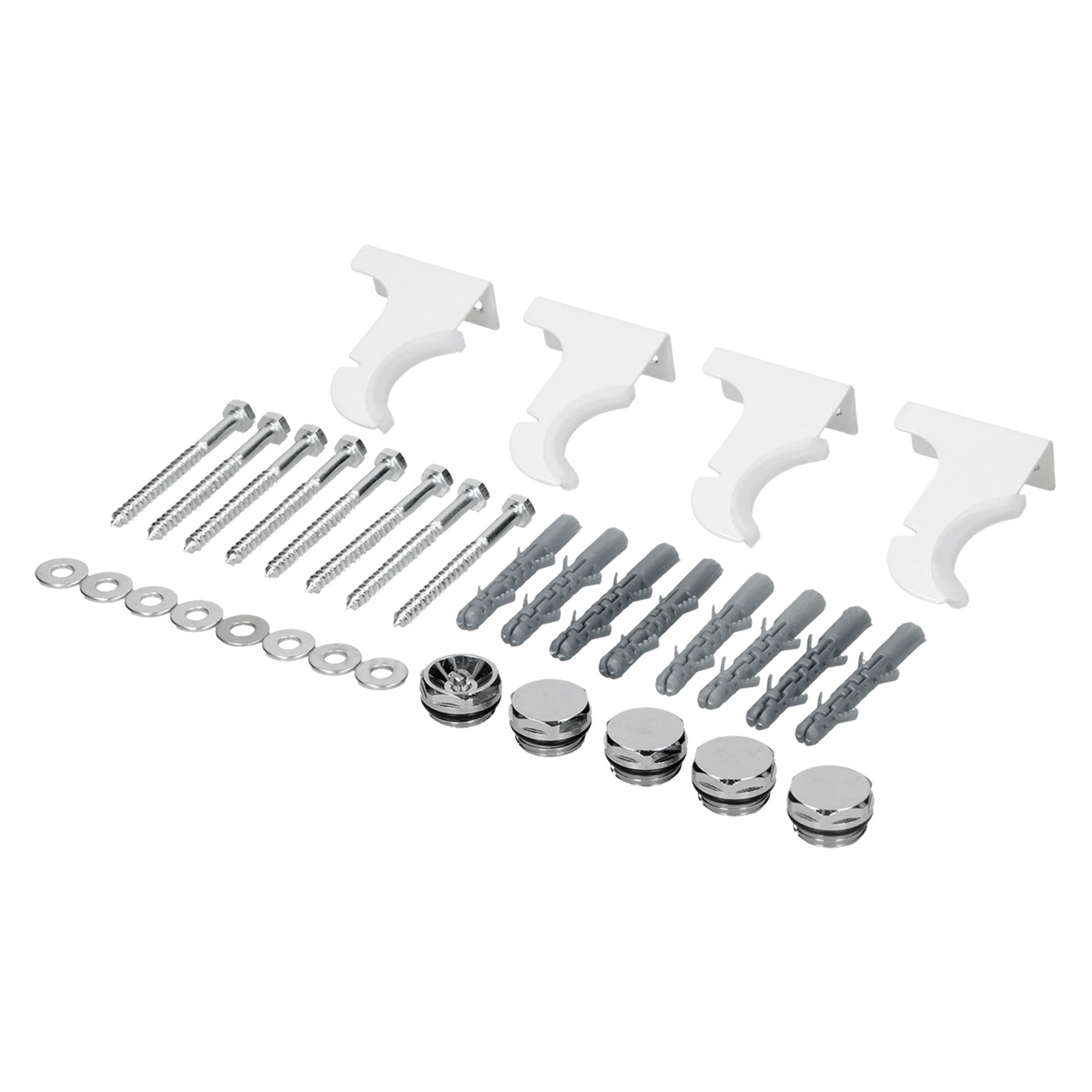 Mounting set with white brackets, screws, and dowels.