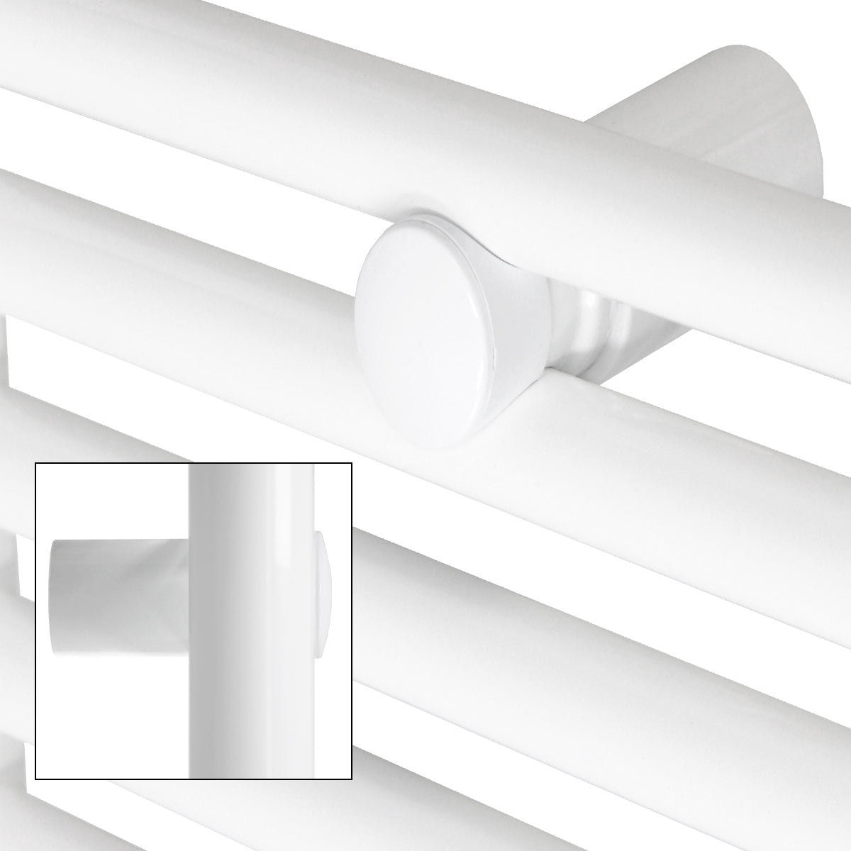 Weißer Montagehalter mit runden Enden und einer Detailansicht.