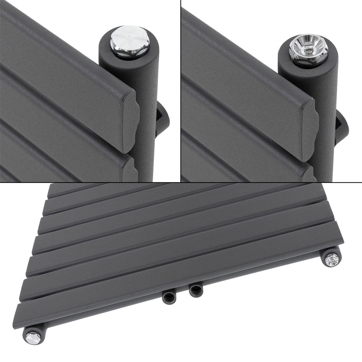 Three views of an anthracite-colored mounting bracket with screws.