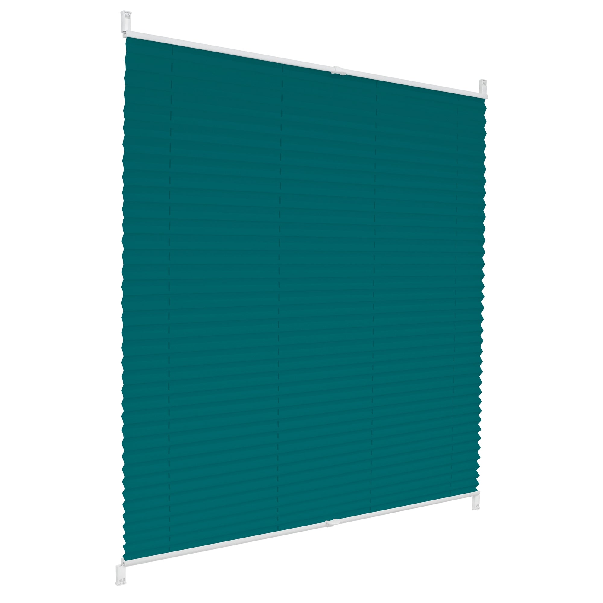 Teal farbige Plissee-Jalousie an einem Fenster.