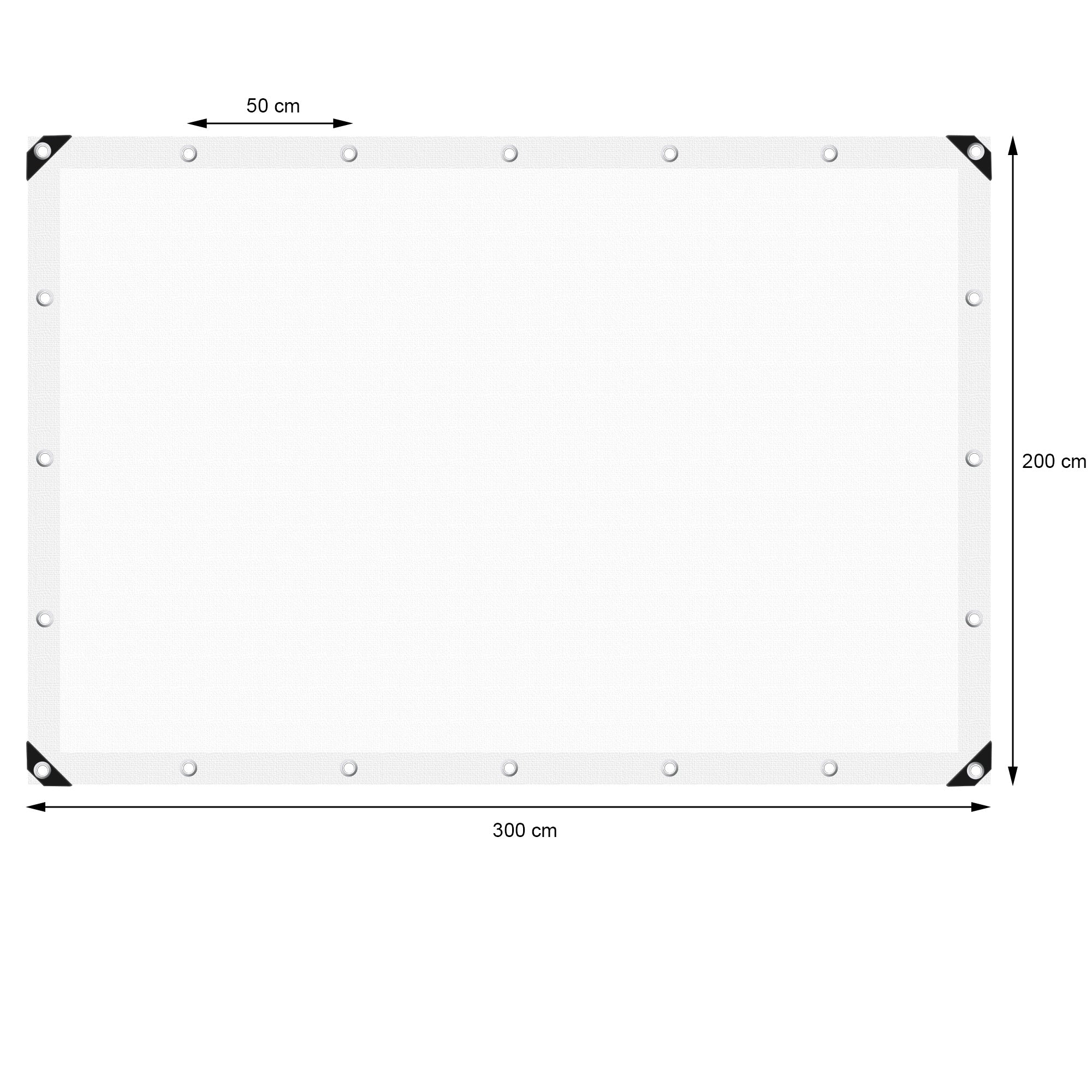Telo bianco con dimensioni 300 cm x 200 cm e occhielli agli angoli.