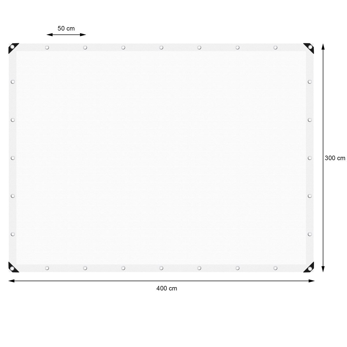 White tarp measuring 400 cm x 300 cm, with eyelets at the corners.