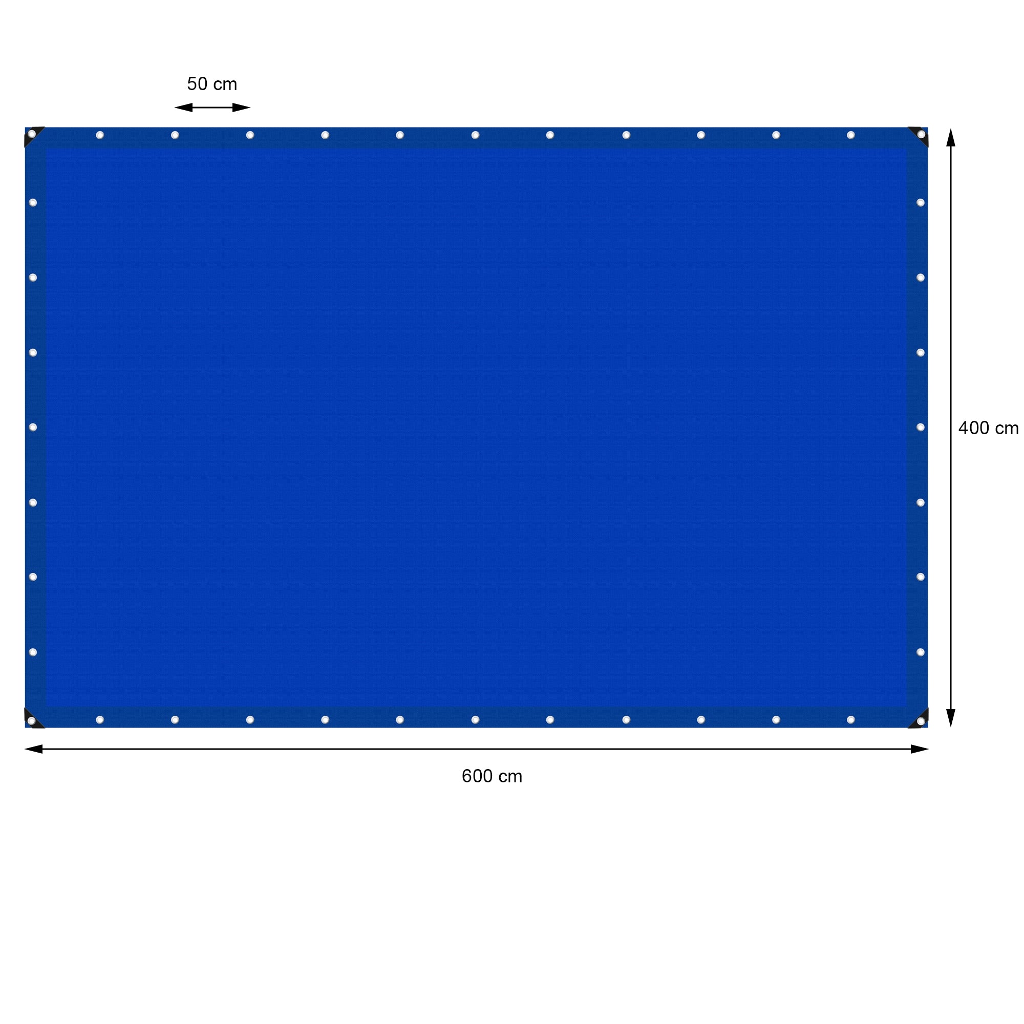 Blaue Plane mit Maßen 600 cm x 400 cm und Ösen an den Rändern.